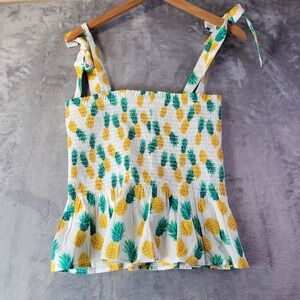 J.Crew Womens Pineapple Print Smocked Peplum Tie Shoulder Top BH857 White Size S